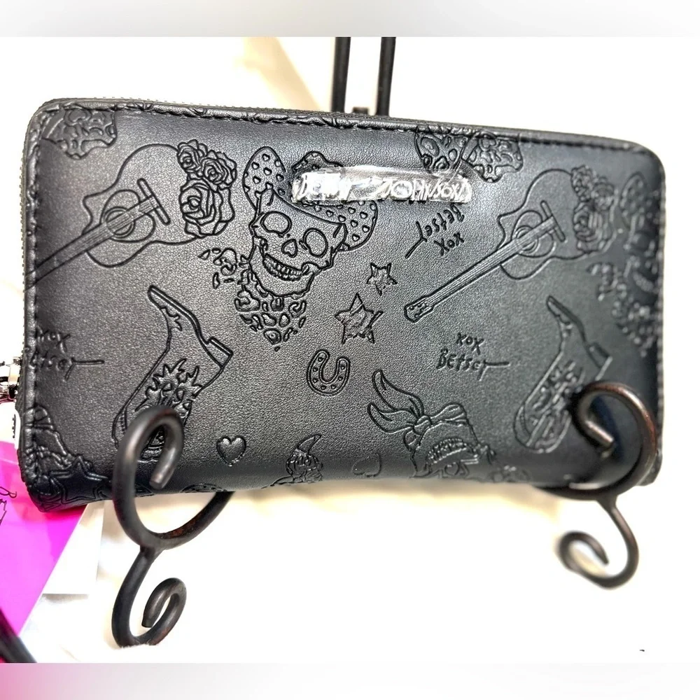 ☠️Betsey Johnson Black Cowboy Boots Skulls Guitars Embossed Wallet/Wristlet☠️NWT